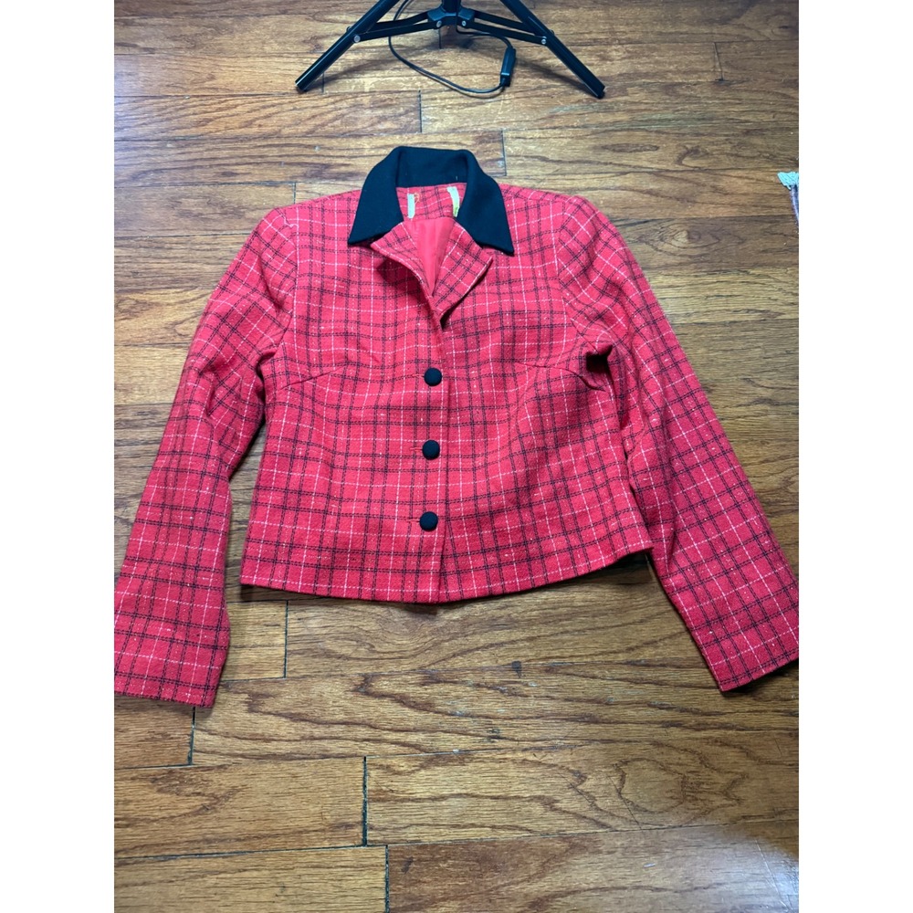Kanaierh Red Plaid Blazer Jacket Black Contrast Collar Metallic Gold Thread L